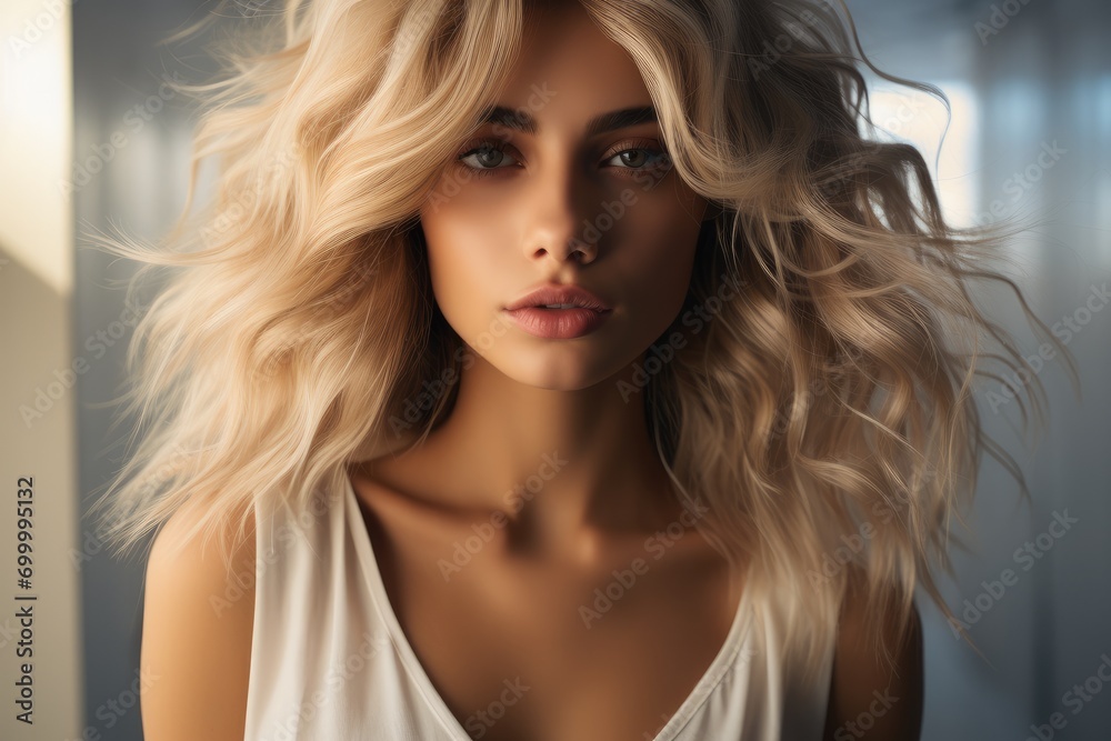 Beautiful blonde woman with layered hairstyles. Generative AI. Beautiful blonde woman with layered hairstyles. Generative AI.