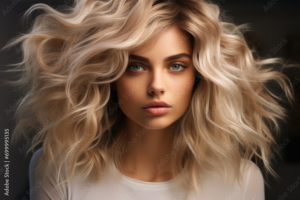 Beautiful blonde woman with layered hairstyles. Generative AI. Beautiful blonde woman with layered hairstyles. Generative AI.