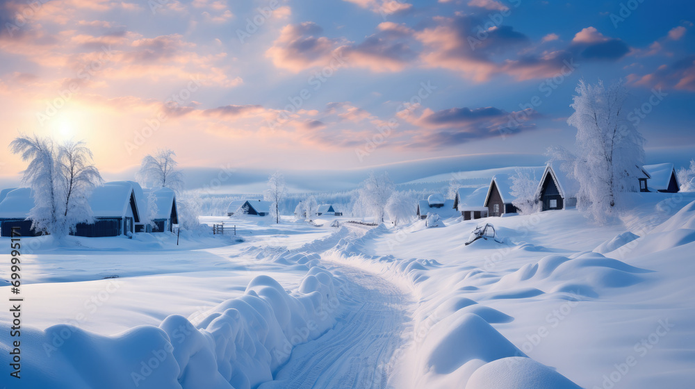 A beautiful snowy scenery with the village covered in heavy snow and a magnificent panoramic view of the countryside. Generative AI. A beautiful snowy scenery with the village covered in heavy snow and a magnificent panoramic view of the countryside. Generative AI.