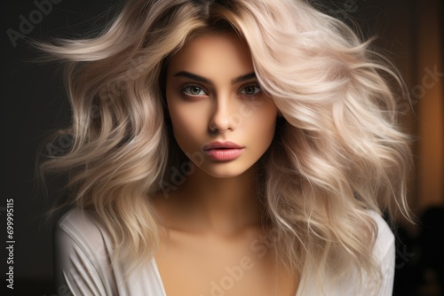 Beautiful blonde woman with layered hairstyles. Generative AI.