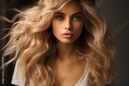 Beautiful blonde woman with layered hairstyles. Generative AI.