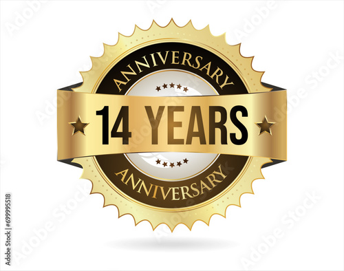Anniversary golden label with ribbon vector illustration