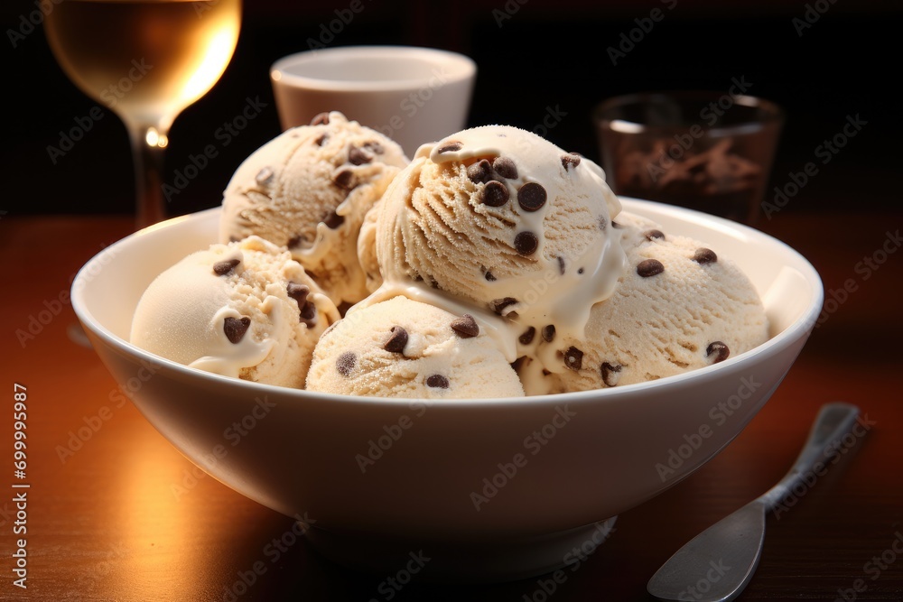 Large bowl of chocolate chip cookie ice cream. Generative AI. Large bowl of chocolate chip cookie ice cream. Generative AI.