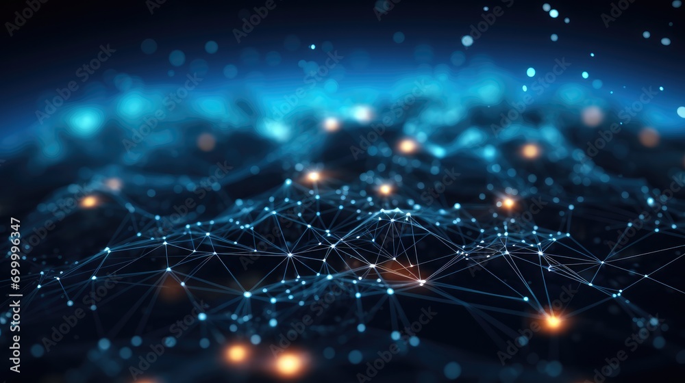 Data atoms and network of connections in the style of dark sky-blue and black, Playfully intricate, Unreal engine. Generative AI. Data atoms and network of connections in the style of dark sky-blue and black, Playfully intricate, Unreal engine. Generative AI.
