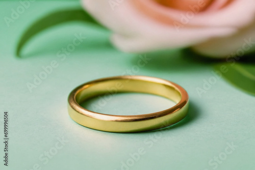 Gold ring on a green pastel background