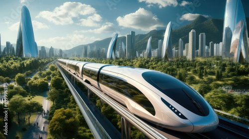 The high-speed train travels through a modern city. Generative AI. © visoot