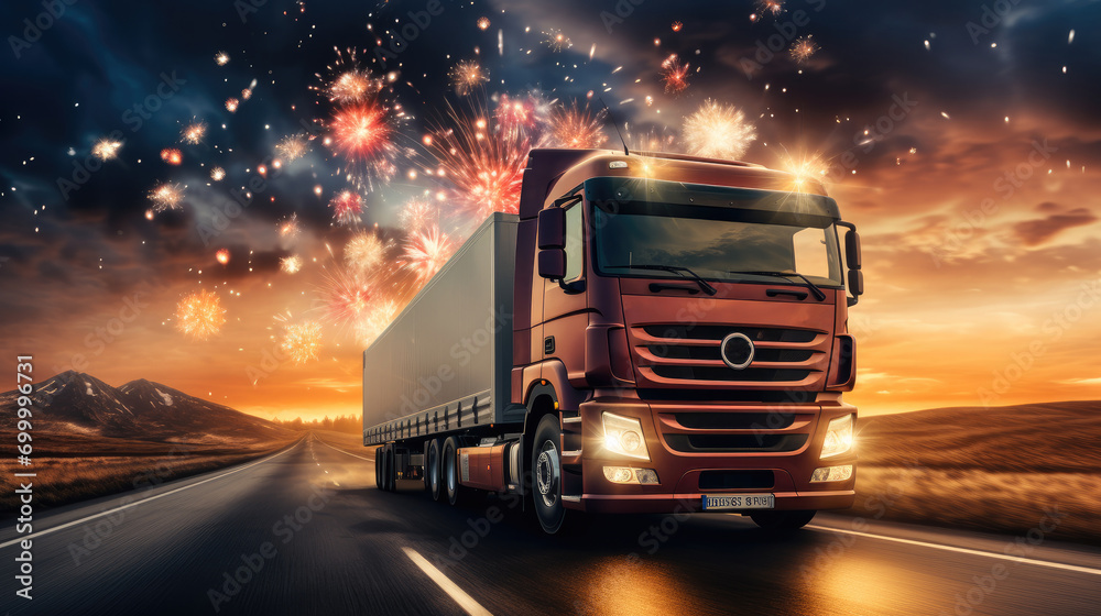 Modern truck on the road with fireworks in the sky. Generative AI.