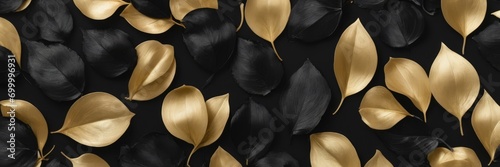 Gold and black petals lay on the table. #699996931