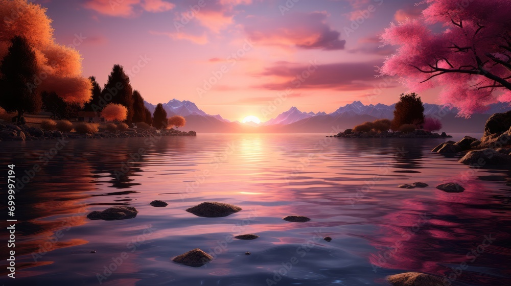 Beautiful and lake during a pink sunset. Generative AI.
