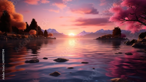 Beautiful and lake during a pink sunset. Generative AI.