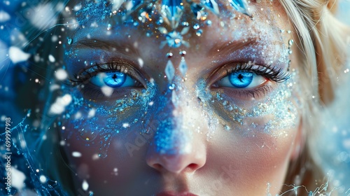 Close up of blond woman snow queen with face decorated with shiny blue and gold crystal gemstones, festive, glamour, front view magical
