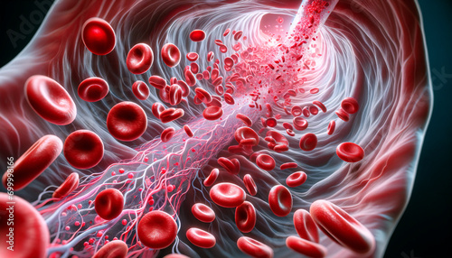 3D Rendered Erythrocytes in Capillary Flow with Oxygenation - Medical Visualization of Arterial Blood. AI Generative.