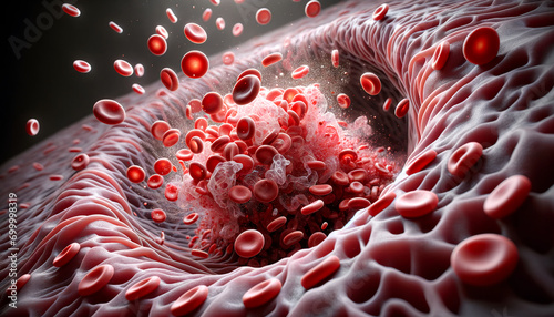 Close-up 3D Rendered Platelets and Erythrocytes: The Dynamic Process of Blood Clot Formation to Cease Bleeding in a Vascular Injury. photo