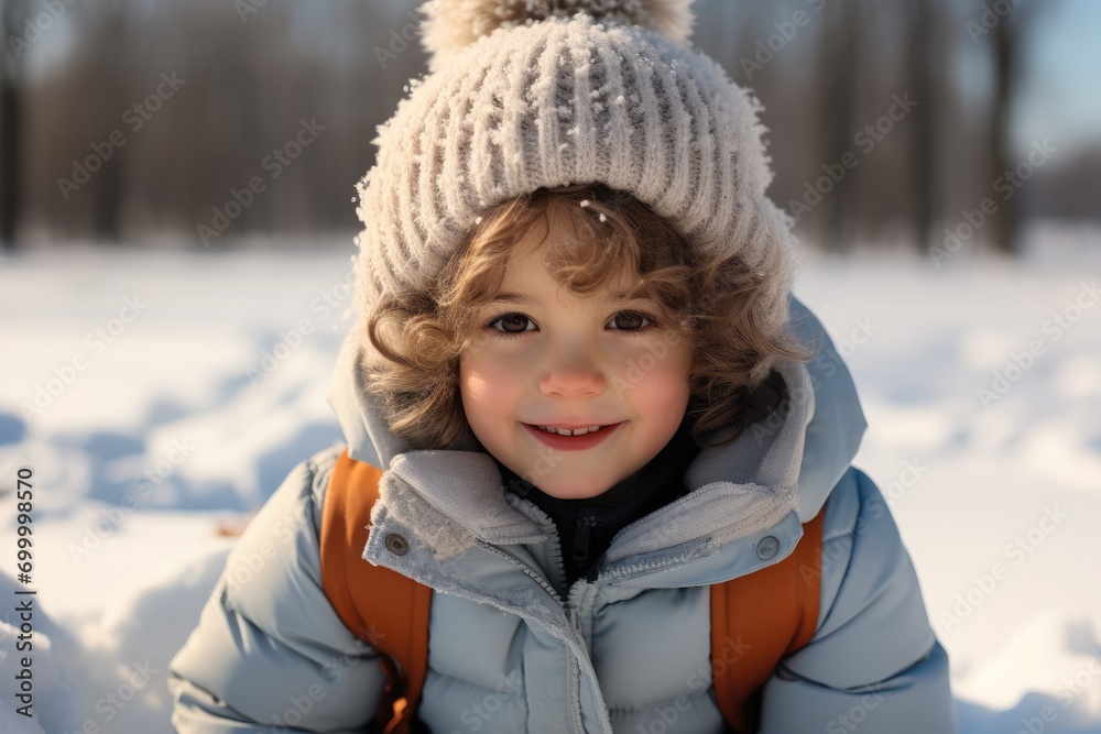 Child in winter hat sitting on ground playing in snow. Generative AI. Child in winter hat sitting on ground playing in snow. Generative AI.