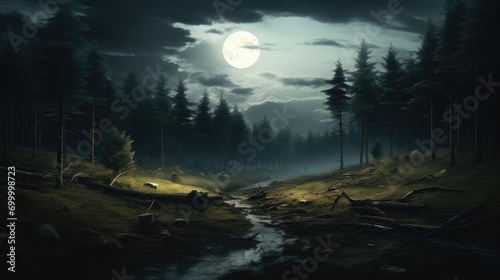 Full moon and clouds over the forest. Generative AI. © visoot