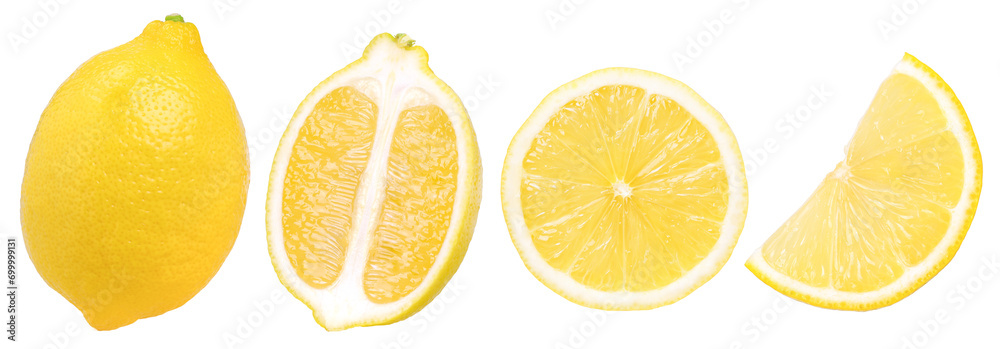 lemon fruit, slice, and half isolated, Fresh and Juicy Lemon, transparent PNG, PNG format, cut out