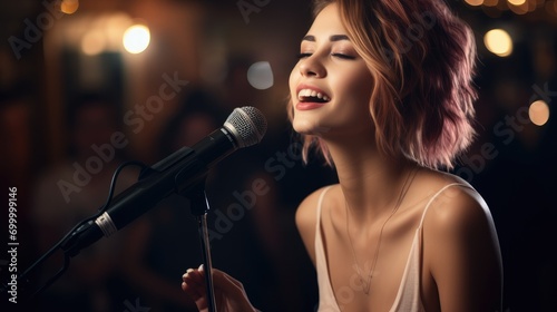 Beautiful white woman singing in karaoke club at night. Generative AI.