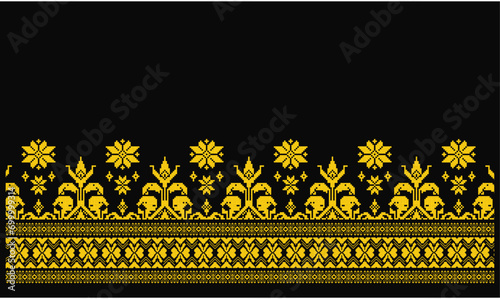 Malay batik songket. Traditional Classic Malay handwoven black 'songket' with gold threads vector. Culture Pattern photo