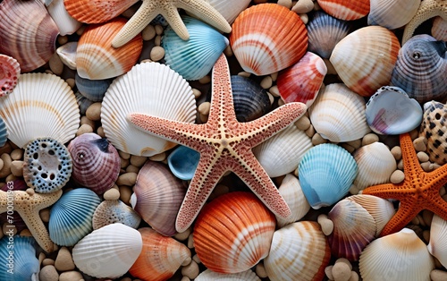 Top view of starfish and seashells background