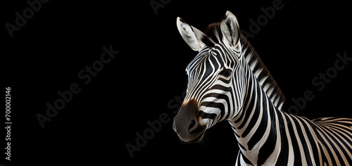 Close-up of a zebra against a striking black background, highlighting the distinct patterns and beauty of this iconic African animal. © Duka Mer