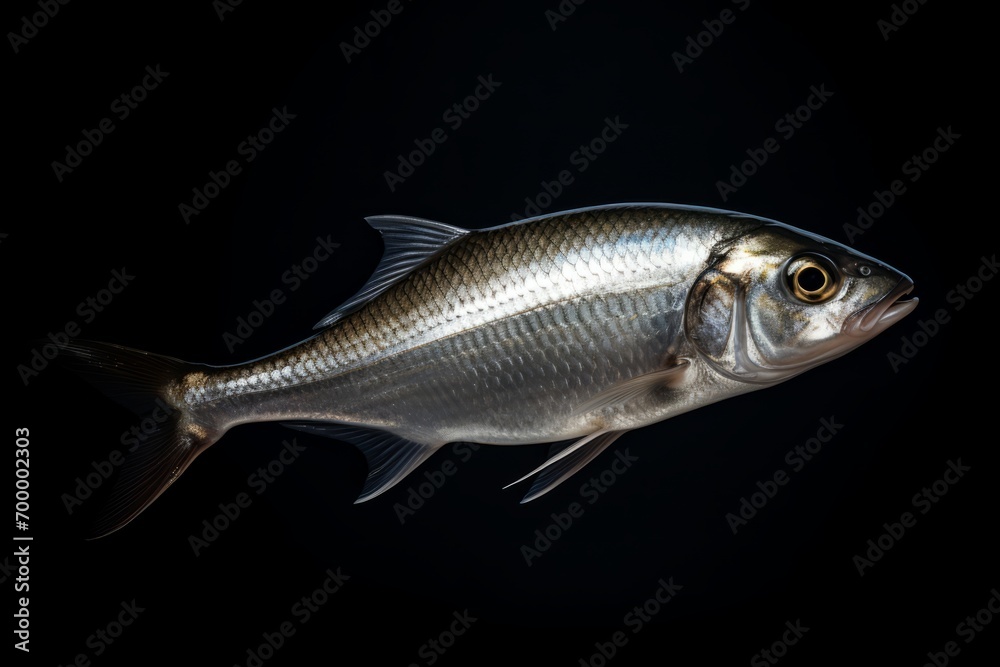 Fototapeta premium Close-up of a fish against a deep black background, creating a dramatic and intense aquatic composition.