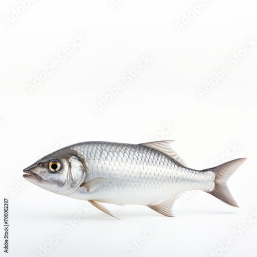 Close-up of a fish on a white surface, with half of the fish visible, set against a pale and grey background, showcasing intricate fish skin and the illusion of swimming.
