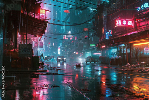 A surreal cyberpunk cityscape at twilight  where neon lights reflect on rain-soaked streets