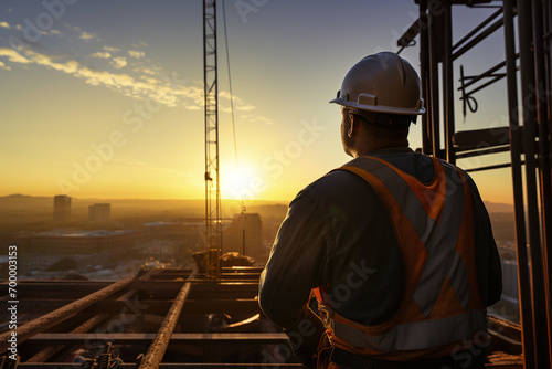 construction workers looking at building site bokeh style background photo