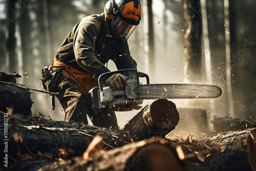 a man with chainsaw cutting wood in the wild bokeh style background photo