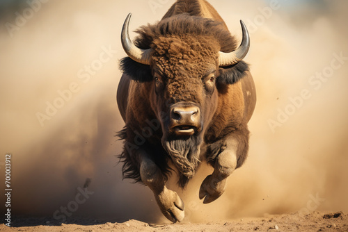 bighorn bull running through dust bokeh style background