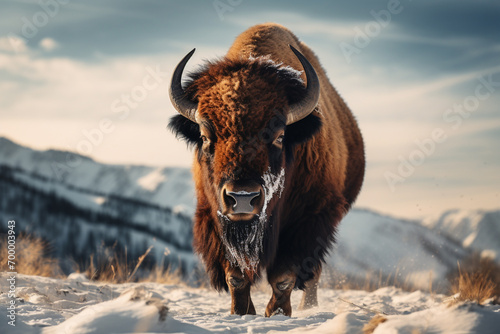 bull standing in the snow weather bokeh style background