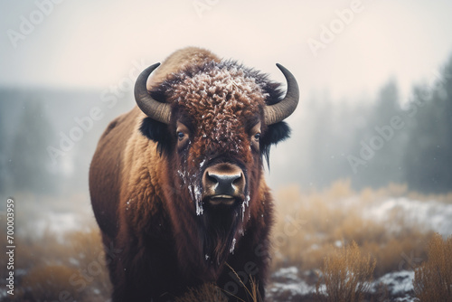bull standing in the snow weather bokeh style background photo