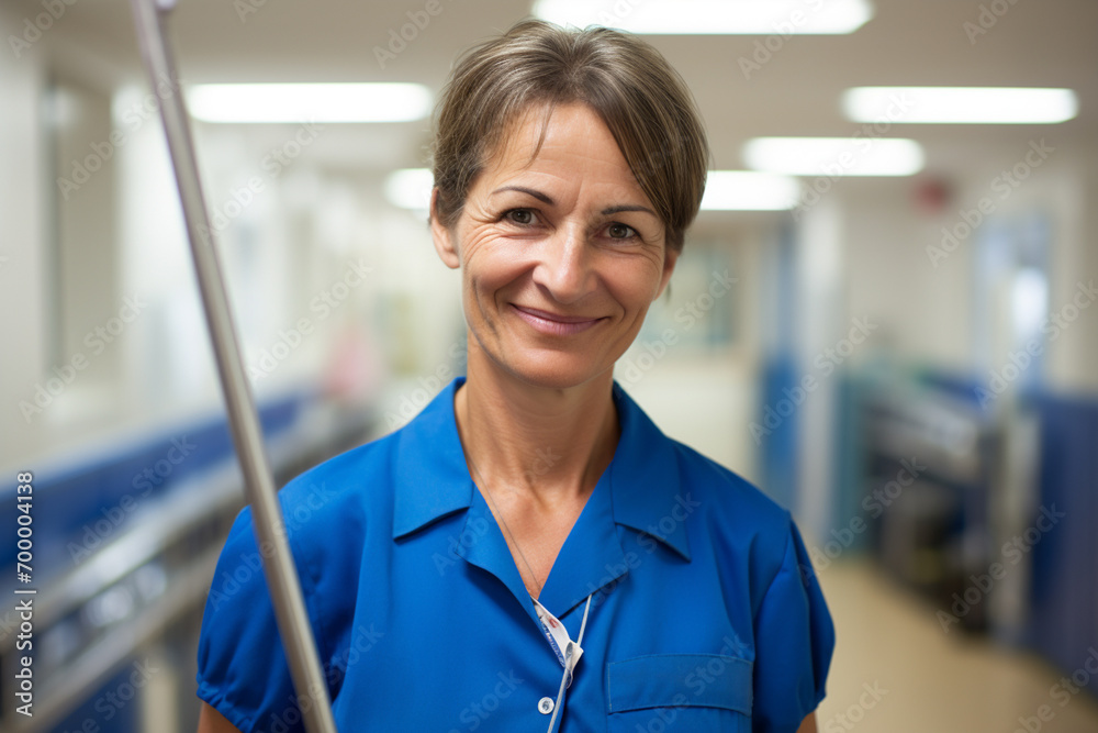 Fototapeta premium a portrait of housekeeper smiling in her workplace bokeh style background