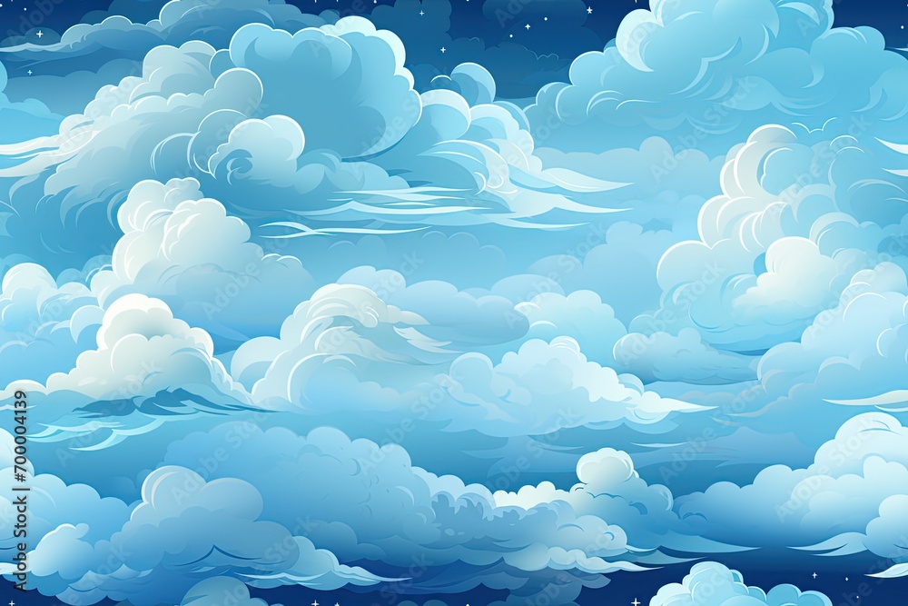 seamless pattern with white fluffy clouds with stars in blue sky at night. Background for baby decor seamless pattern with white fluffy clouds with stars in blue sky at night. Background for baby decor