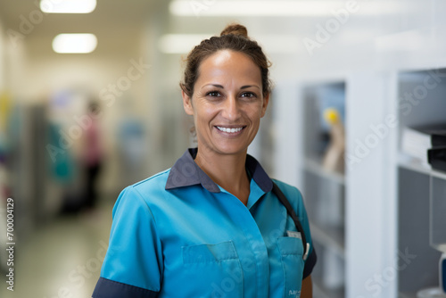 a portrait of housekeeper smiling in her workplace bokeh style background