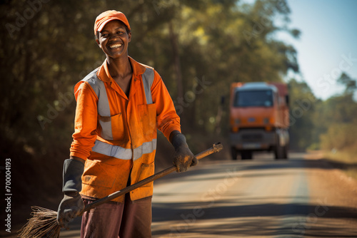a female street sweeper worker smiling bokeh style background photo