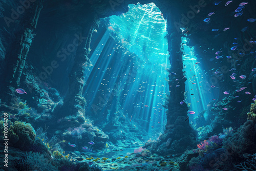 An ethereal underwater world filled with bioluminescent marine life