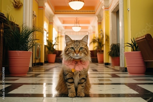 Cute siberian cat with pink bow tie sitting in a hotel lobby photo