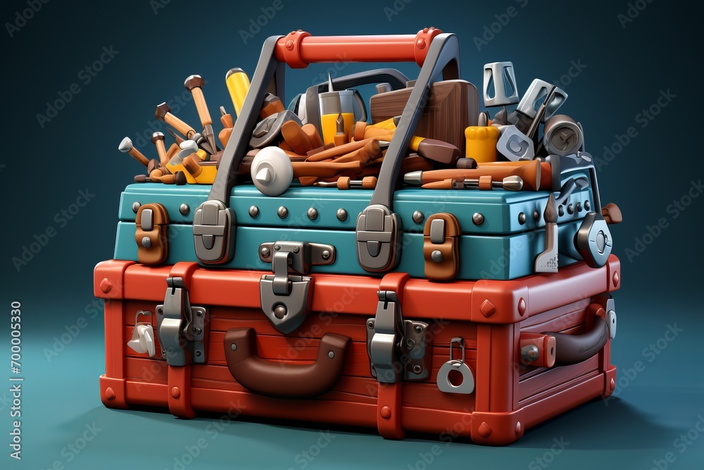 Fototapeta premium Empty Toolbox with Cartoon Tools, on an isolated Handyman Blue background, Generative AI