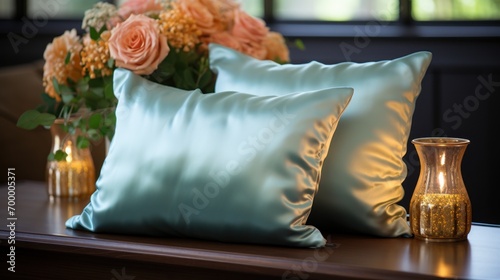 A solid - color navy silk pillowcases.  © piumi