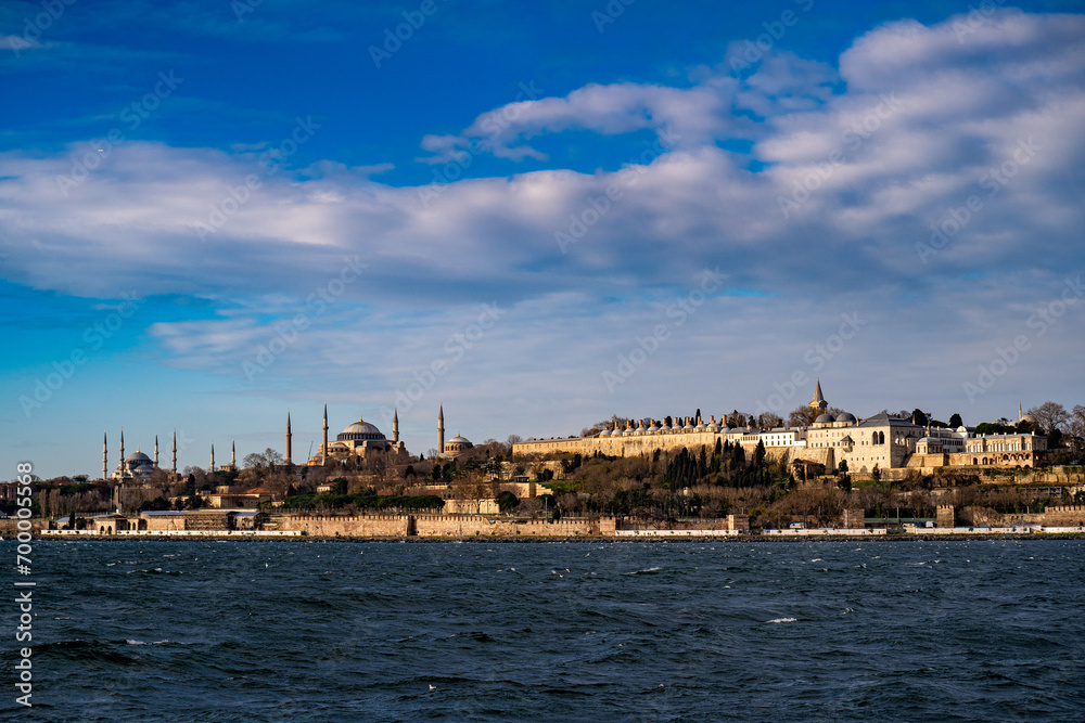 View of Topkapi Palace, Hagia Sophia Mosque and Sultanahmet Mosque in the historical peninsula of Istanbul.