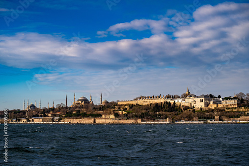 View of Topkapi Palace, Hagia Sophia Mosque and Sultanahmet Mosque in the historical peninsula of Istanbul.