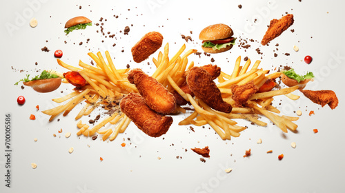 fast food food hamburger meatball chicken french fries in the air white background photo