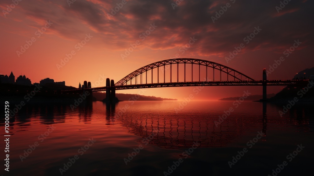 Commercial photography, silhouette of a bridge with red ribbon patterns