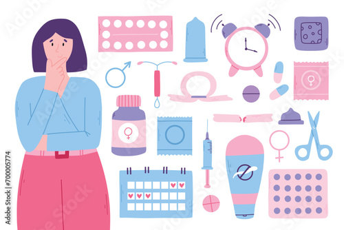 Types of contraception. Pills, calendar, patch, condom and coil. Vector illustration in a flat style. Poster with contraception. World contraception day.