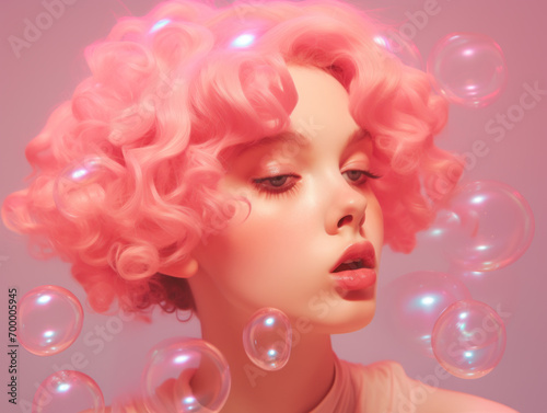 Ethereal portrait of a person with curly pink hair and bubbles, soft pink tones.