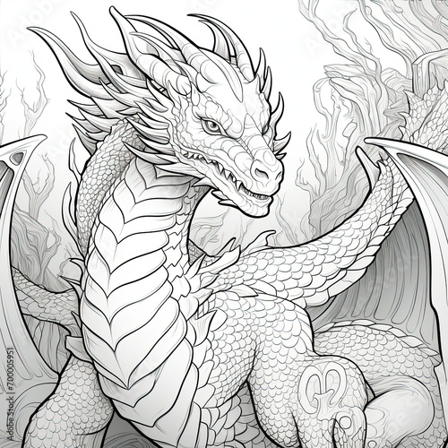 Adult coloring book page with beautiful dragon on white background
