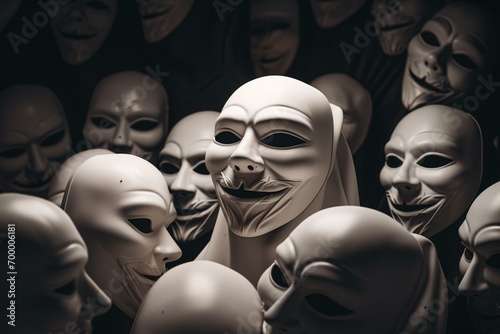 White mask smiling amidst black masks, displaying hypocrisy - 3D. Generative AI photo