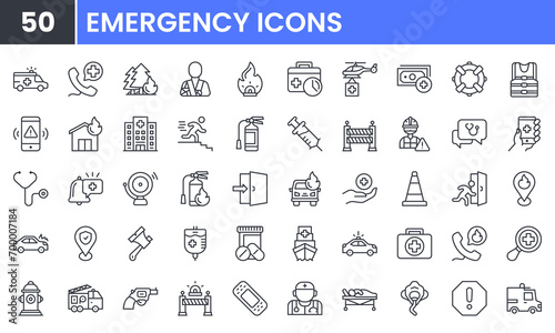 Emergency vector line icon set. Contains linear outline icons like Hospital, Medical, Ambulance, Extinguisher, Rescue, Evacuation, Insurance, Warning, Protection, Urgent. Editable use and stroke.