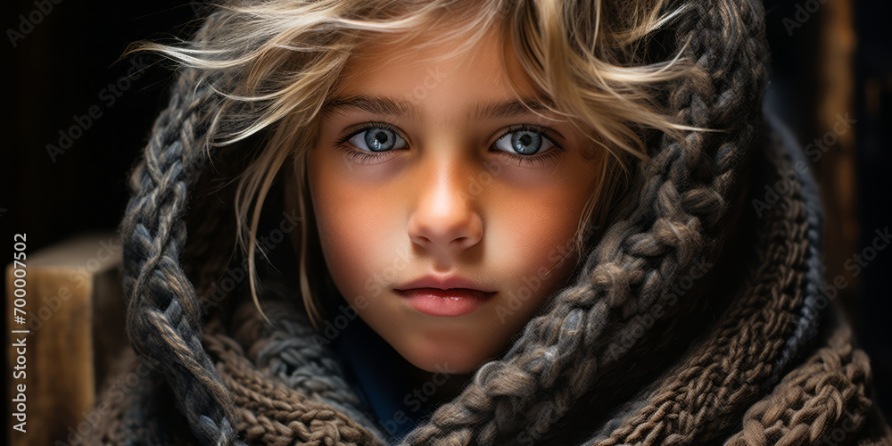 Portrait of a Young Child with Striking Blue Eyes and Silver Hair Wrapped in a Warm Knitted Shawl